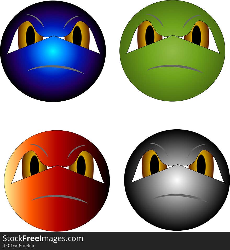 A 3D illustrated set of angry incons in four different colors, isolated on white background. A 3D illustrated set of angry incons in four different colors, isolated on white background.