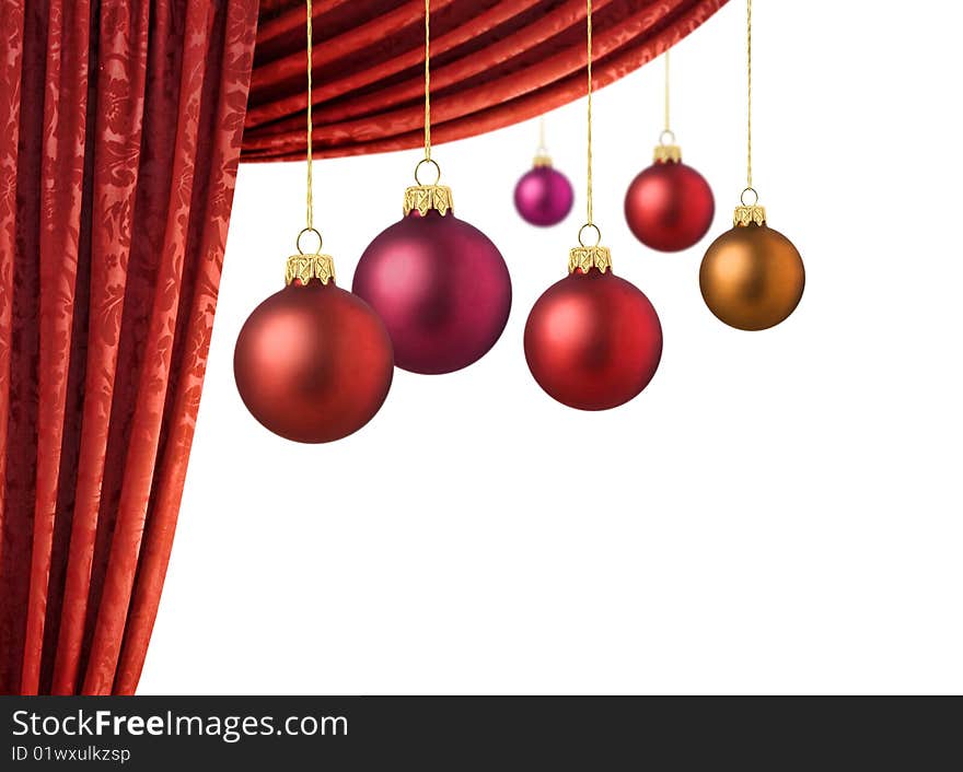 Matte red christmas balls with vivid red curtains. Matte red christmas balls with vivid red curtains