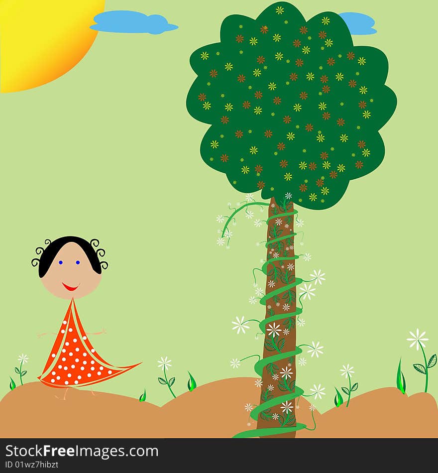 Little Girl, Flowers And Tree