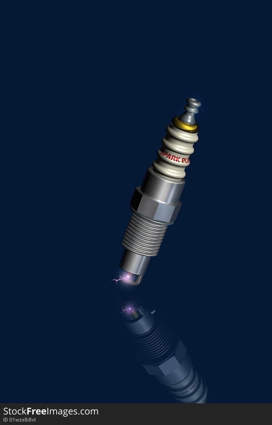 3D spark plug with spark, on metallic dark blue refletive background. 3D spark plug with spark, on metallic dark blue refletive background