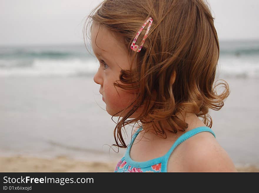 Profile of a Caucasian little girl at the beach on a gray day seriously looking into the distance. Profile of a Caucasian little girl at the beach on a gray day seriously looking into the distance