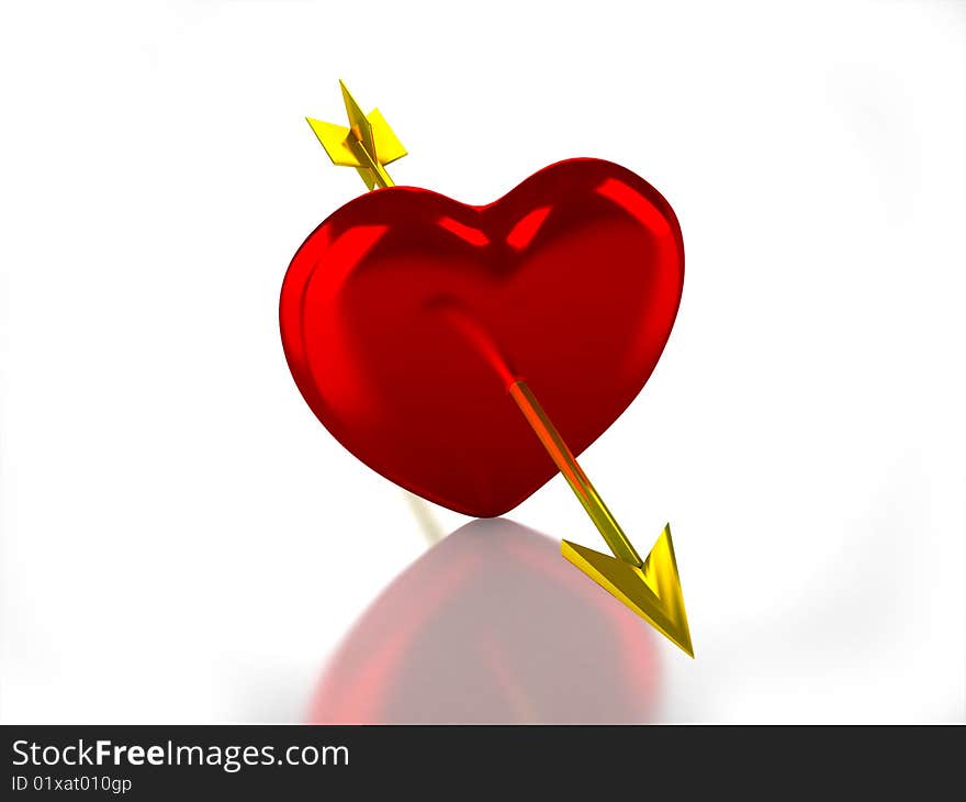 3D glossy heart with gold arrow on white background