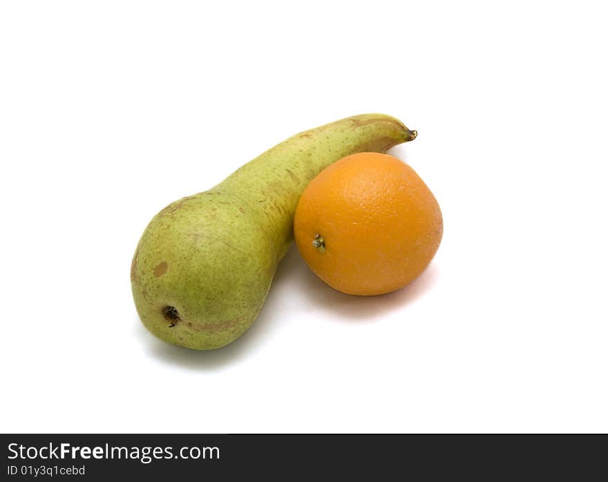 A pear and orange on a white background.