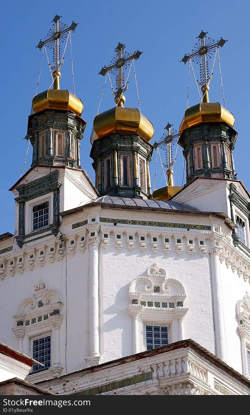 Golden cupolas of a Russian orthodox church, Verkhoturie, Ural, Russia