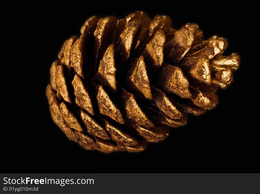 A close-up of a gold painted pine cone against a black background. A close-up of a gold painted pine cone against a black background.