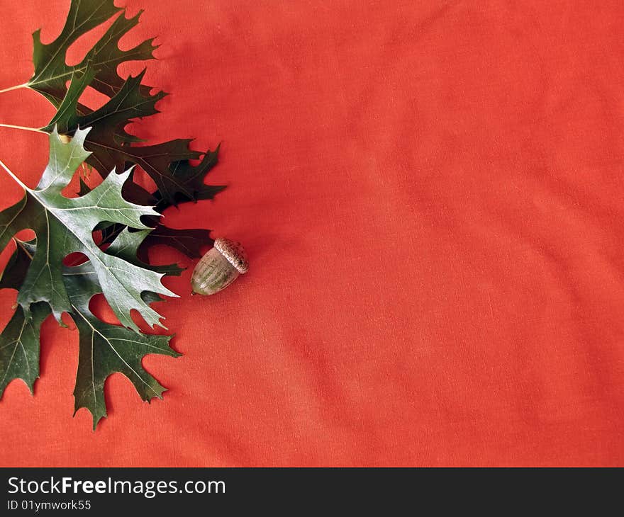 Oak leaves and acorn on an Autumn textile background. Oak leaves and acorn on an Autumn textile background