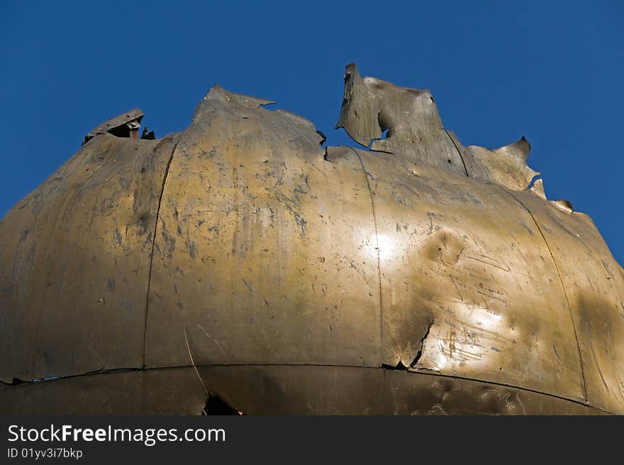 A detail of the sculpture called The Sphere, which once stood in the plaza of the World Trade Center and was recovered relatively unscathed after the attacks of September 11, 2001. A detail of the sculpture called The Sphere, which once stood in the plaza of the World Trade Center and was recovered relatively unscathed after the attacks of September 11, 2001.