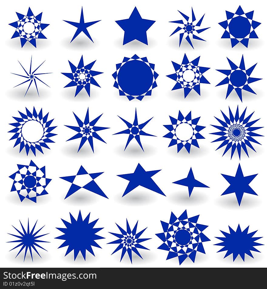 Collection of 25 blue stars, vector illustration. Collection of 25 blue stars, vector illustration.