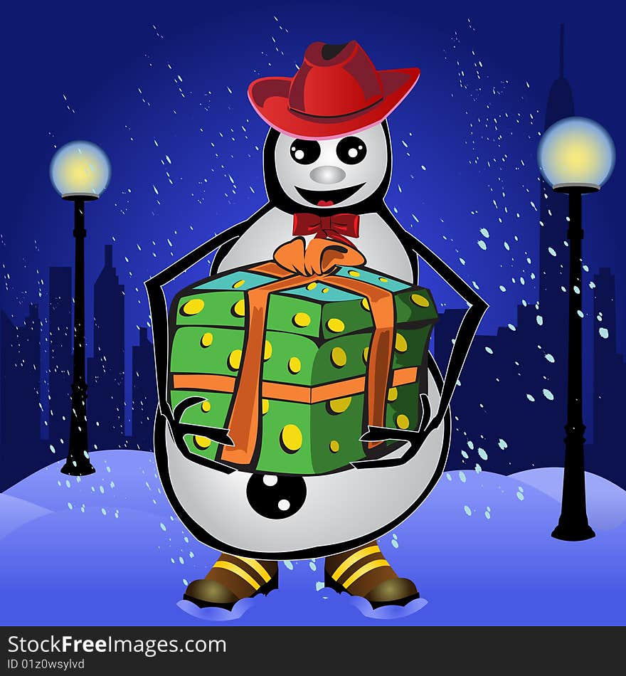 Snowman with a present