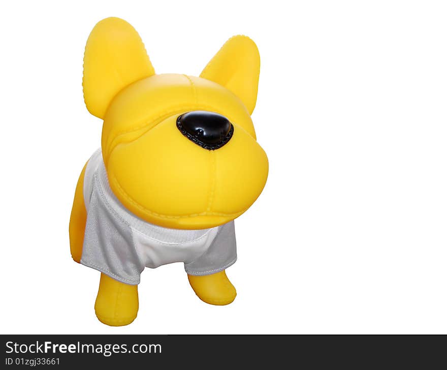 Yellow Rubber Toy Dog Against White Background