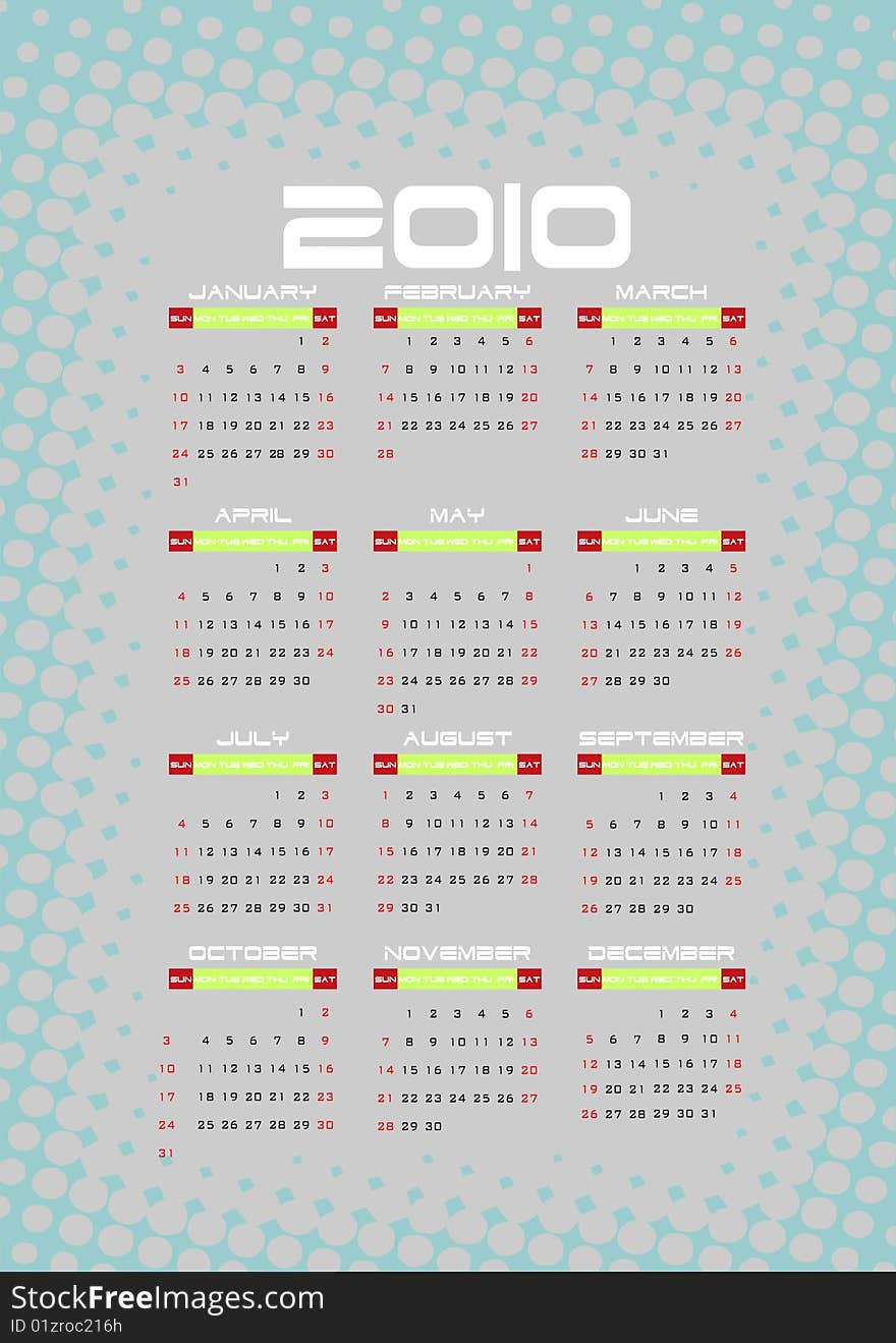 Calendar for 2010 year vector. Calendar for 2010 year vector