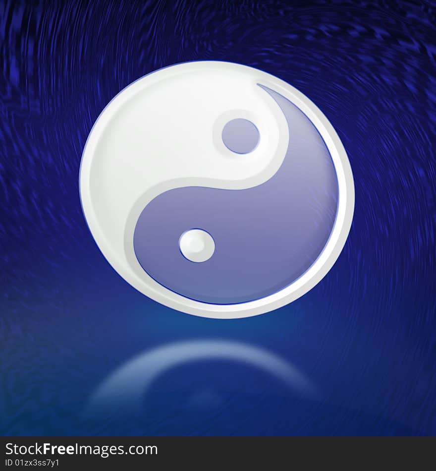 White yin and yang symbol over blue abstract background with reflection. White yin and yang symbol over blue abstract background with reflection