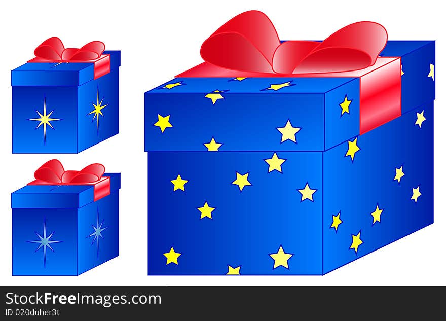 Present blue box red bow stars