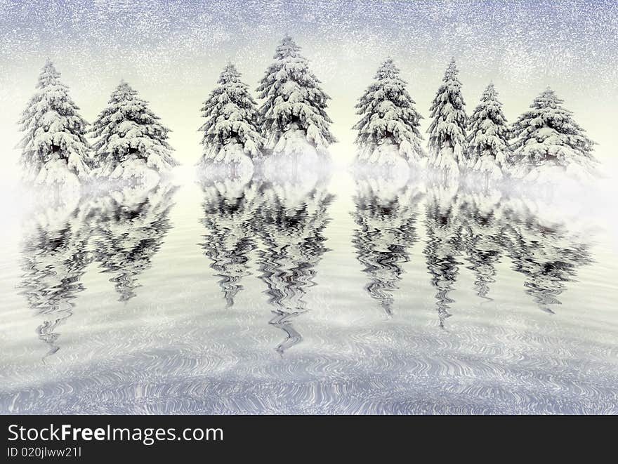 Winter scene with snowy pines reflecting in water