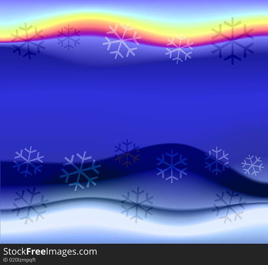 An illustrated winter background in a colorful wavy pattern & snowflakes.