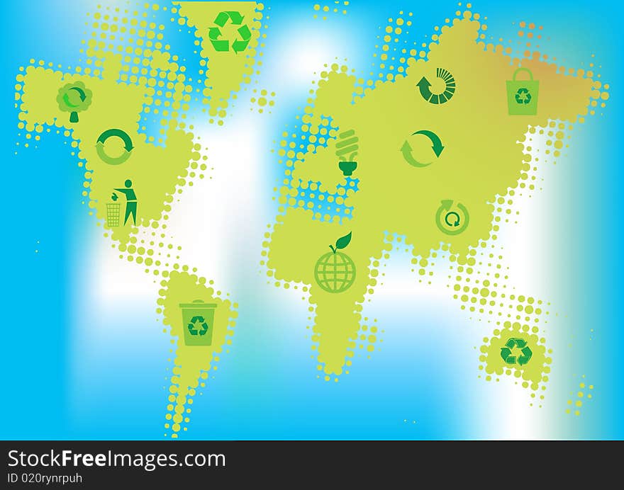 World map whith recycle icons. World map whith recycle icons