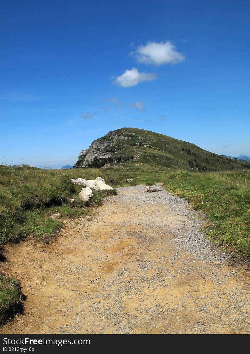 Hiking in Bernese Oberland near Niederhorn under blue sky