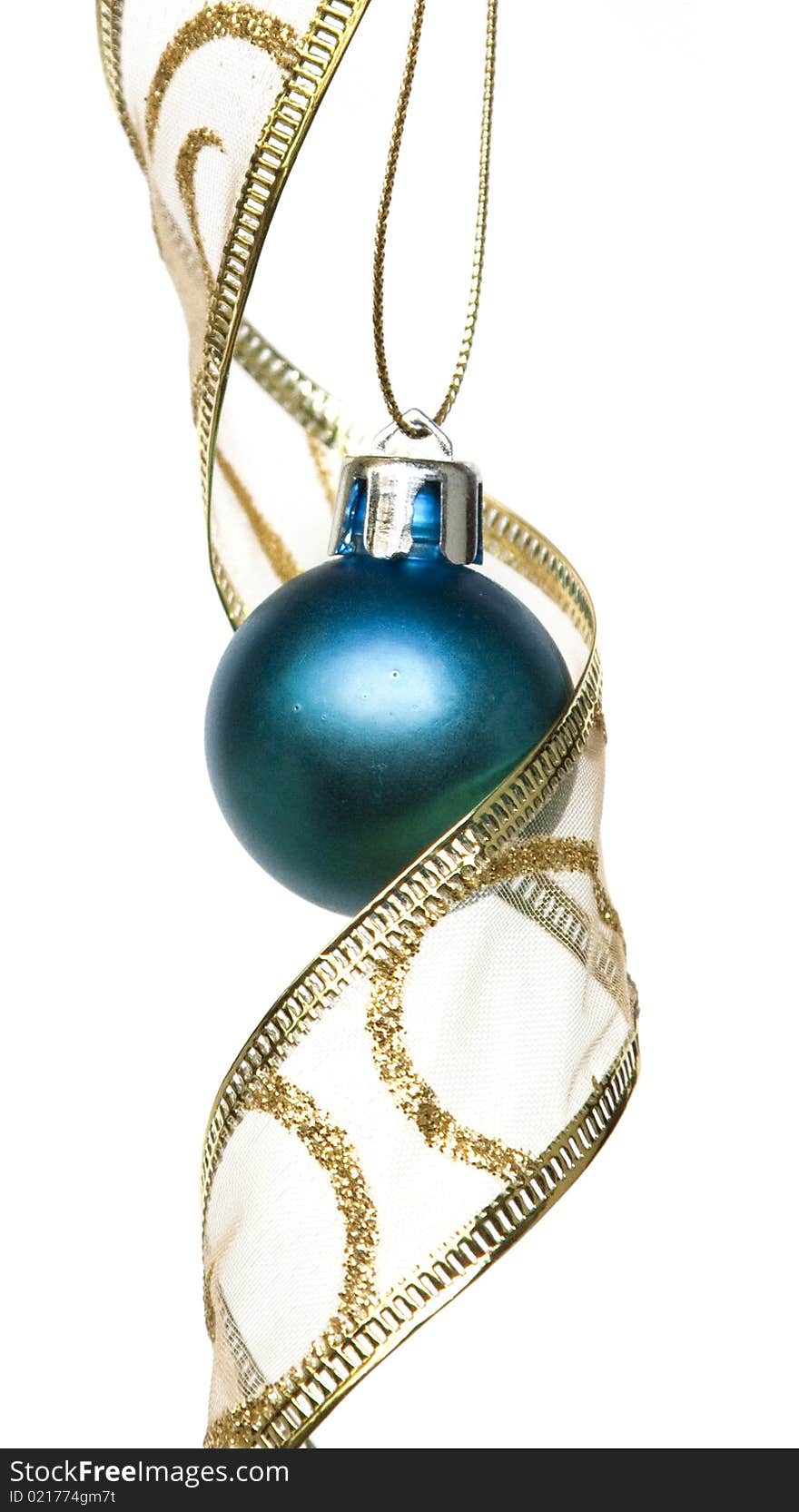 Close up on blue Christmas ball and golden ribbon