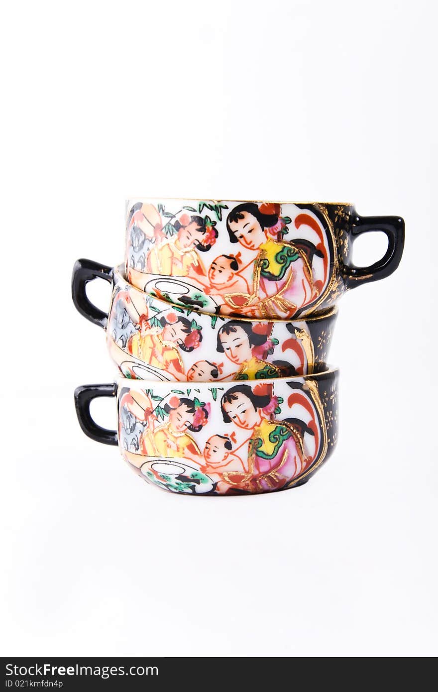 Set of three colorful Chinese tea cups. Set of three colorful Chinese tea cups