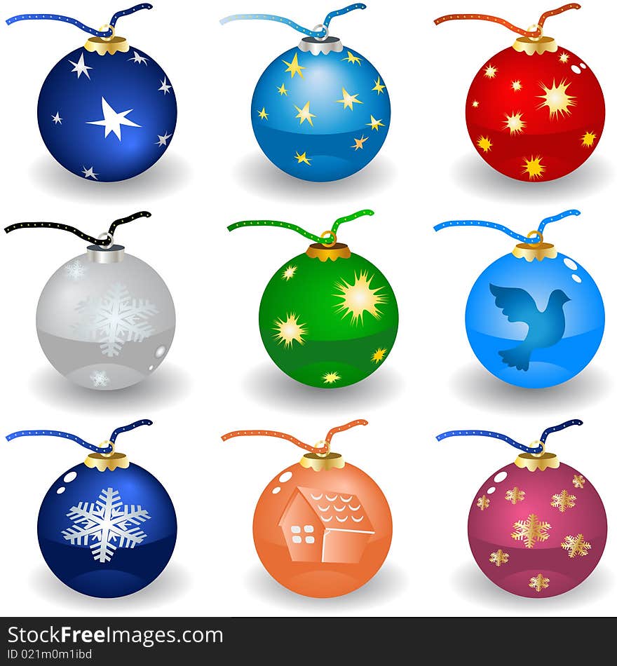 Vector illustration of nine colored realistic Christmas bulbs. Vector illustration of nine colored realistic Christmas bulbs.