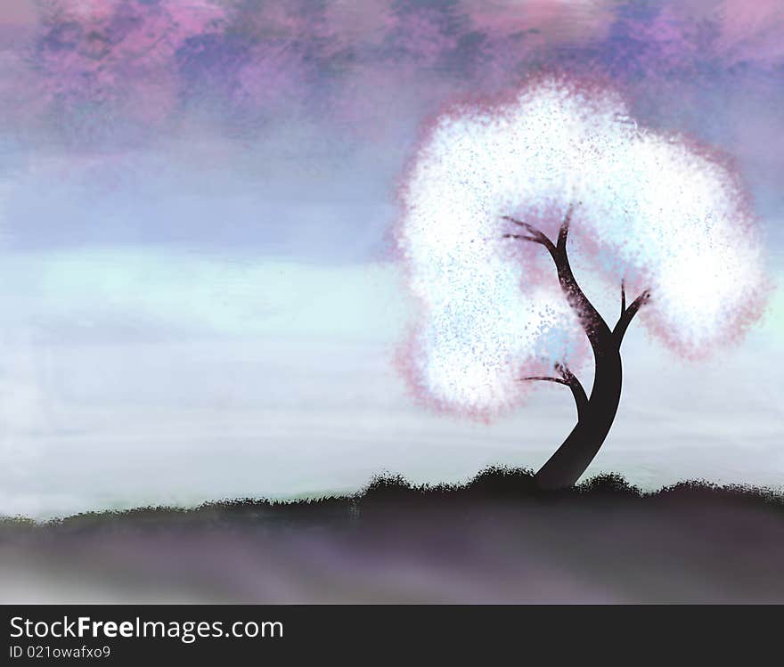 Digital painting of white snow tree in the cold season. Digital painting of white snow tree in the cold season