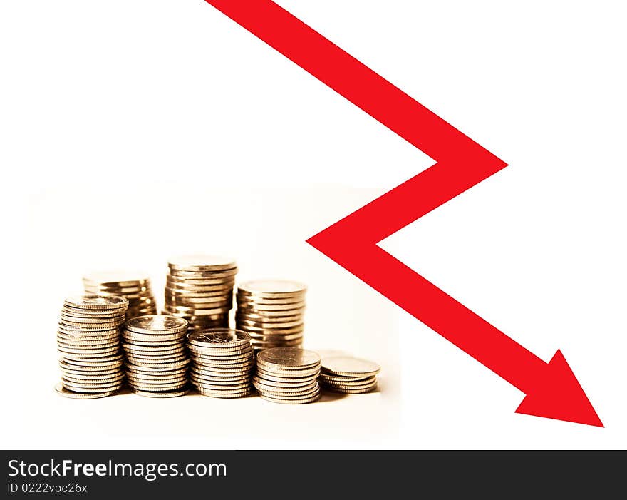 Coins with white background associated with a downward chart. Coins with white background associated with a downward chart