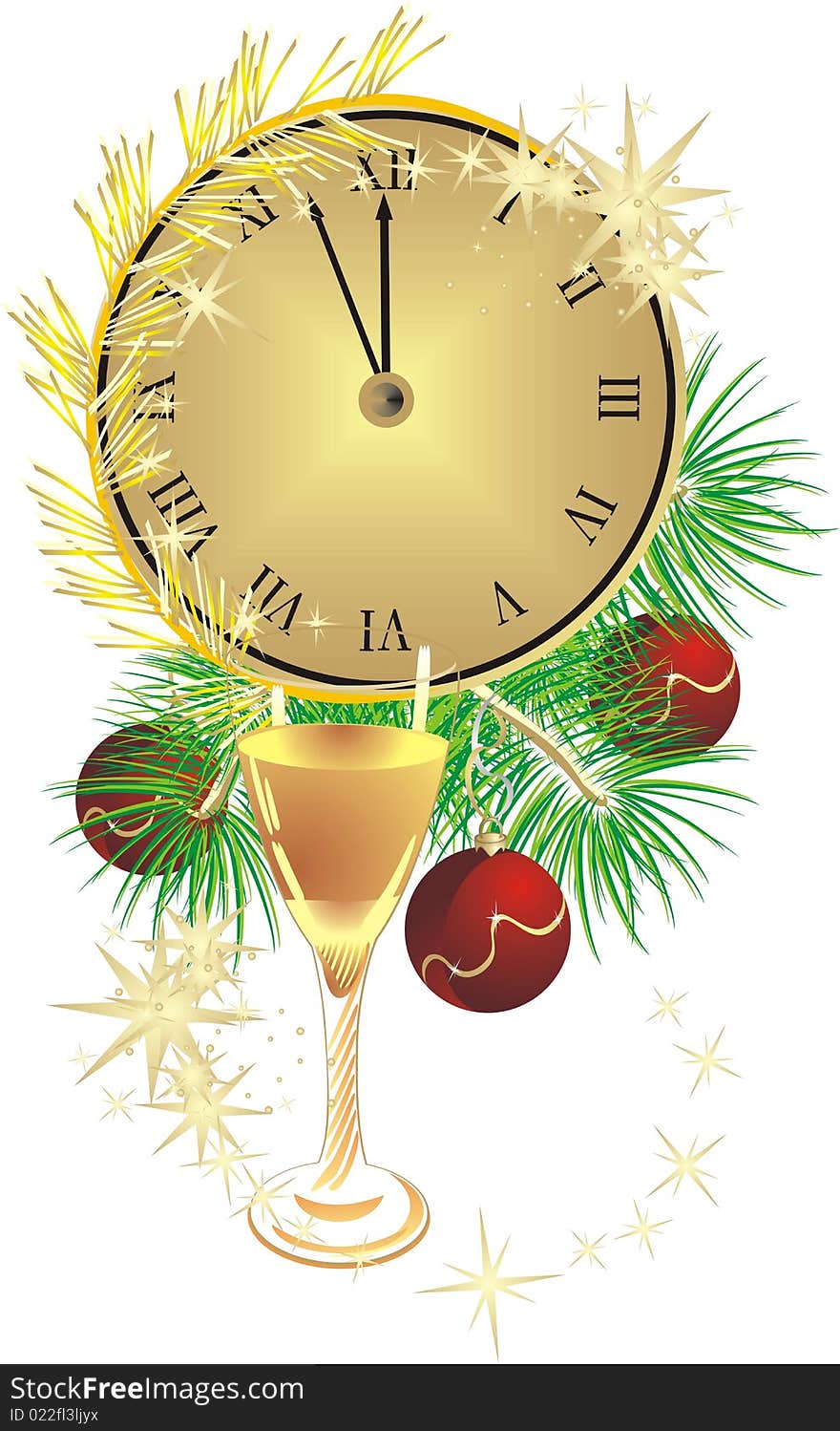 Glass, clock and fur-tree with Christmas balls. Holiday composition. Vector illustration