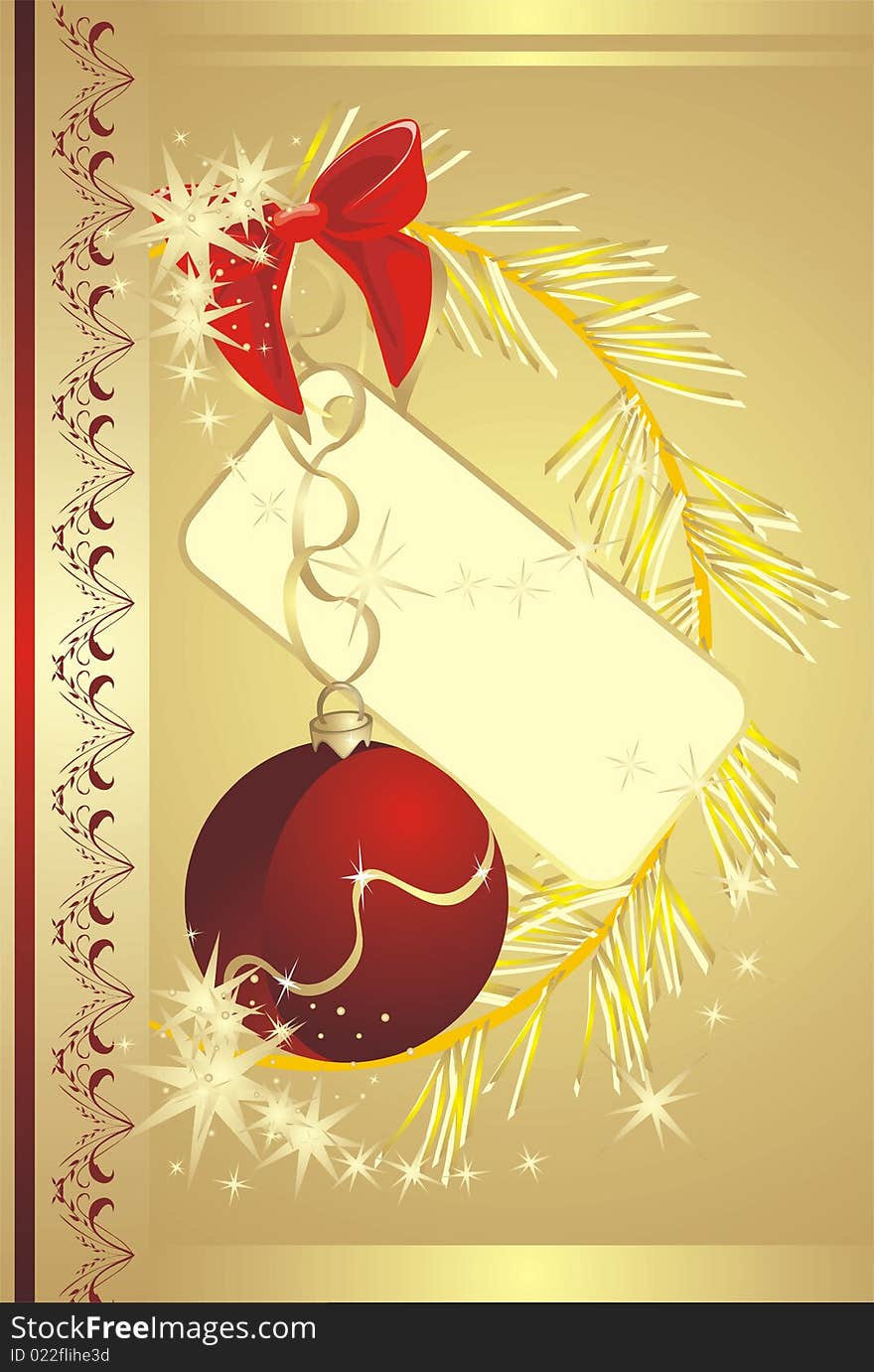 Bow with sticker and Christmas ball. Background for card. Vector illustration. Bow with sticker and Christmas ball. Background for card. Vector illustration