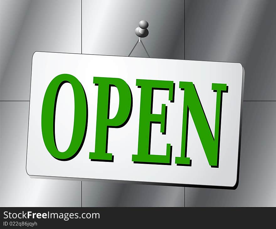 Pinned open sign on metallic background. Pinned open sign on metallic background