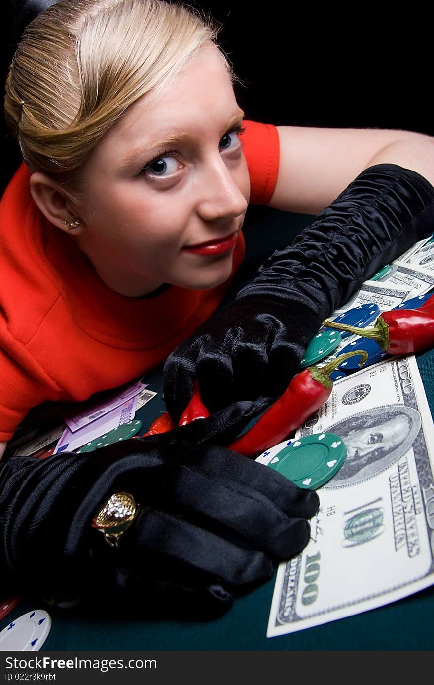 Young smiling woman on the poker table. Young smiling woman on the poker table