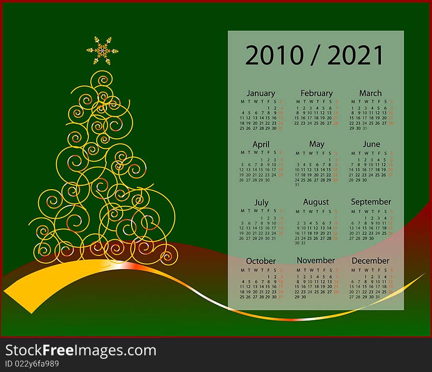 A calendar for 2010 and 2021 with background