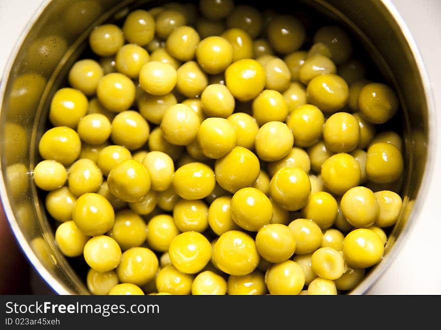 Close up macro picture of peas in a can