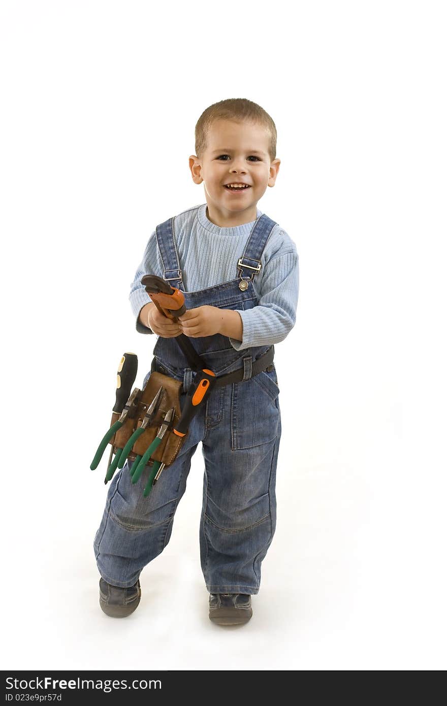 Little boy plays construction worker. Isolated on white. Little boy plays construction worker. Isolated on white