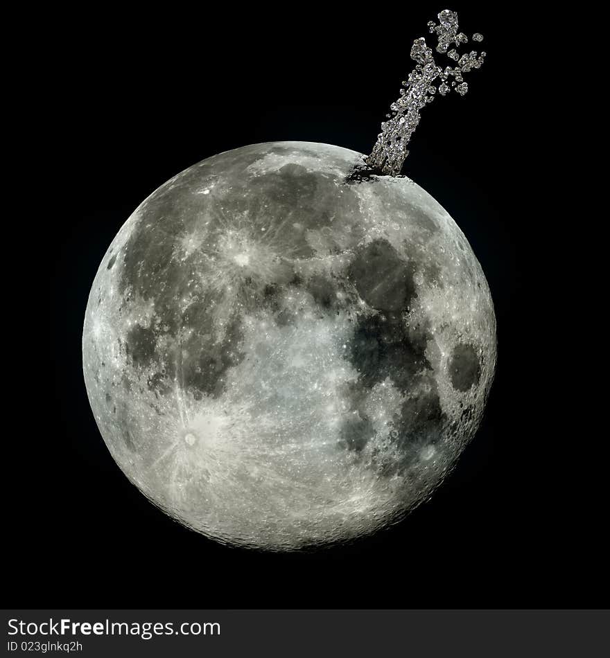 Water bursts out of a crater on the moon symbolizing the recent discovery of water on the moon