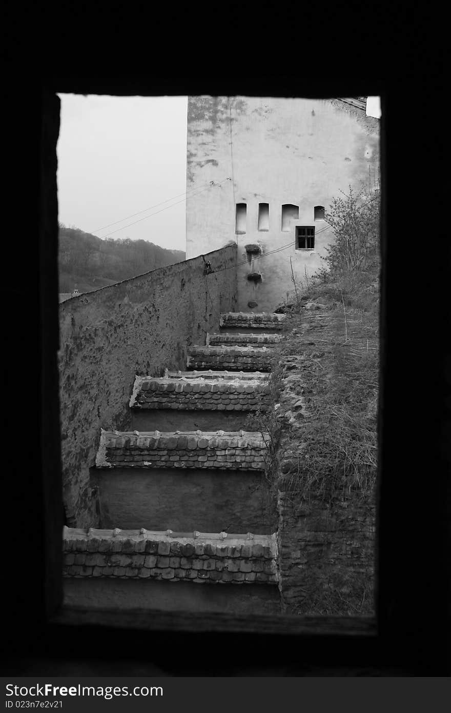 This is a view from a castle`s window. This is a view from a castle`s window