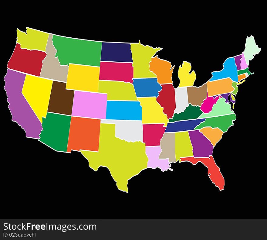 Colorful map of america´s counties isolated over black background. Colorful map of america´s counties isolated over black background