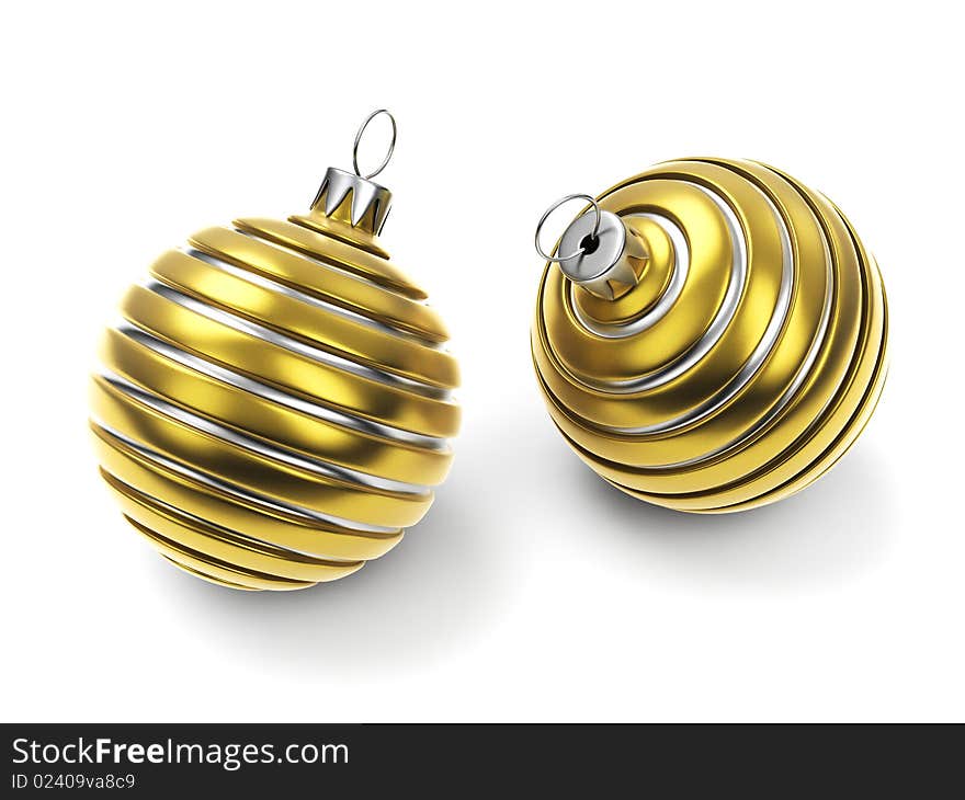 Two Gold Striped Christmas Balls isolated on white background