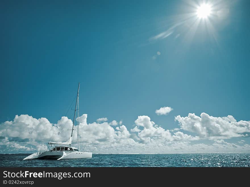 Catamaran On Calm Green Shallow Waters