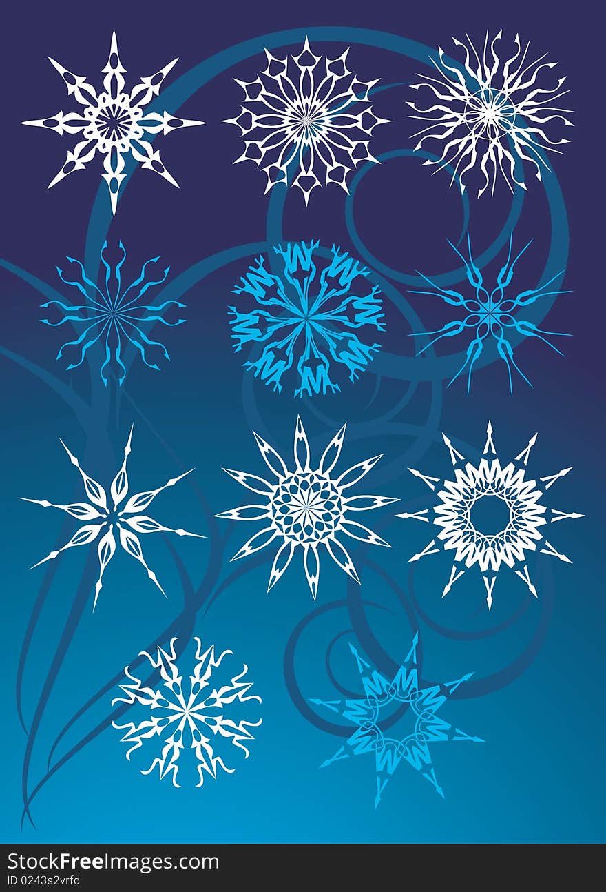 Collection of snowflakes on the blue background. Vector illustration