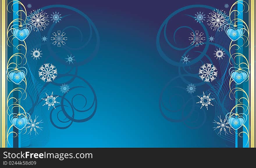 Blue Christmas Toys With Snowflakes. Banner