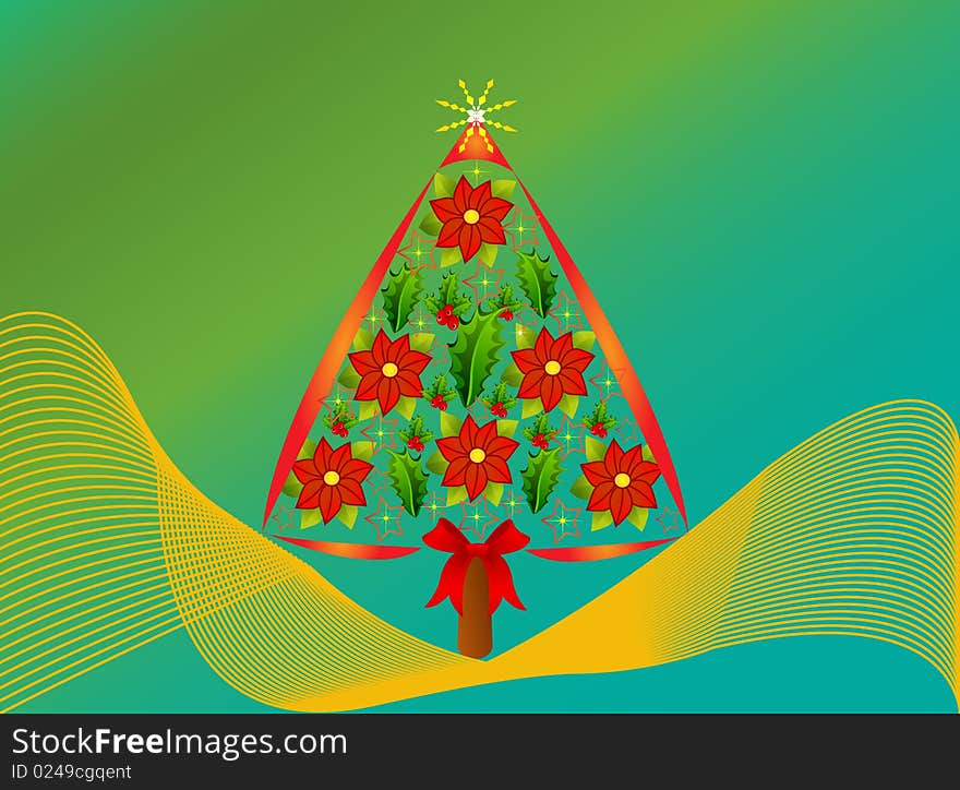 Christmas tree with red poinsettias and leaves