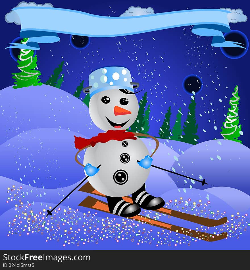 Vector illustration of a skiing snowman with decoration banner.