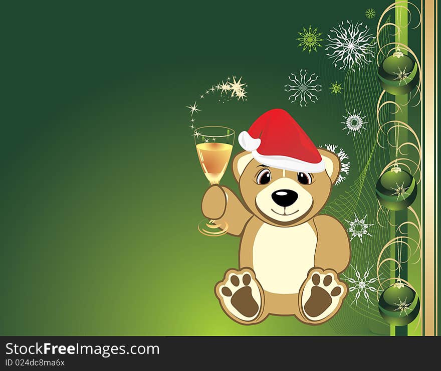 Bruin with glass of champagne. Background for card. Vector illustration