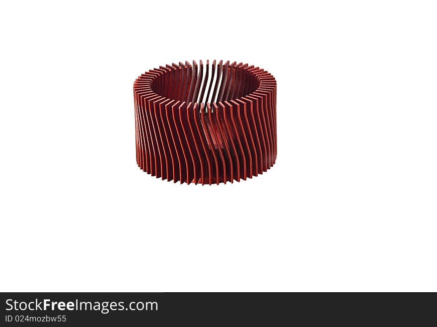 Circular red heat sink isolated on white background.