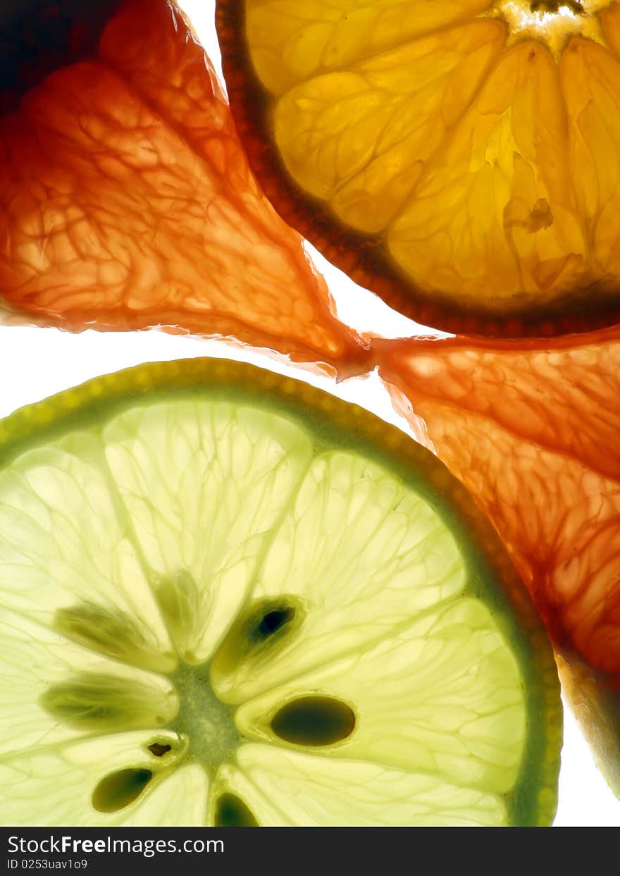 Translucent slices of a red grapefruit, yellow lemon and orange tangerine. Translucent slices of a red grapefruit, yellow lemon and orange tangerine.