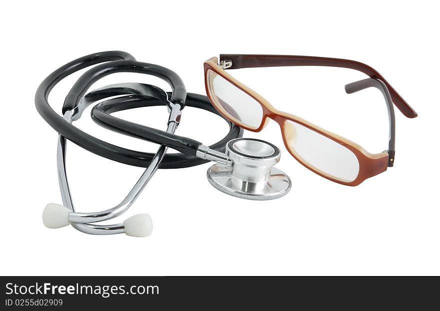 Isolated stethoscope and glasses on white background