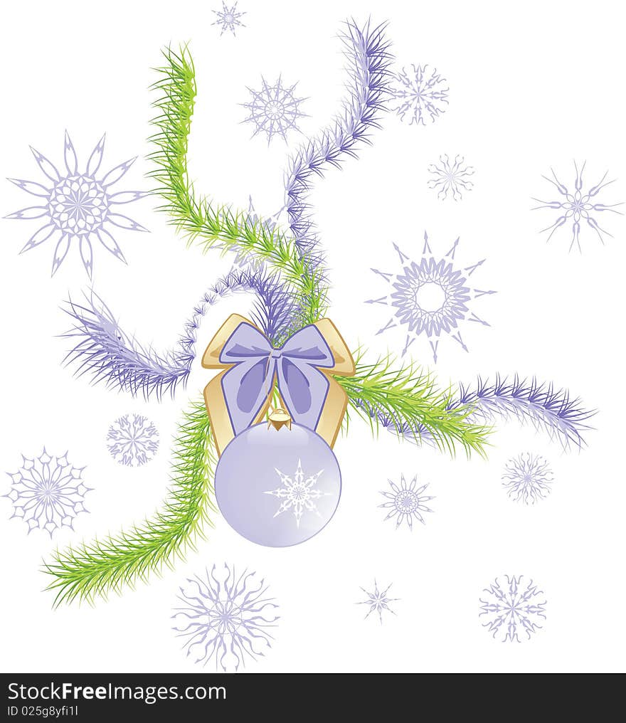 Snowflakes, lilac bow with Christmas ball and tinsel. Vector illustration