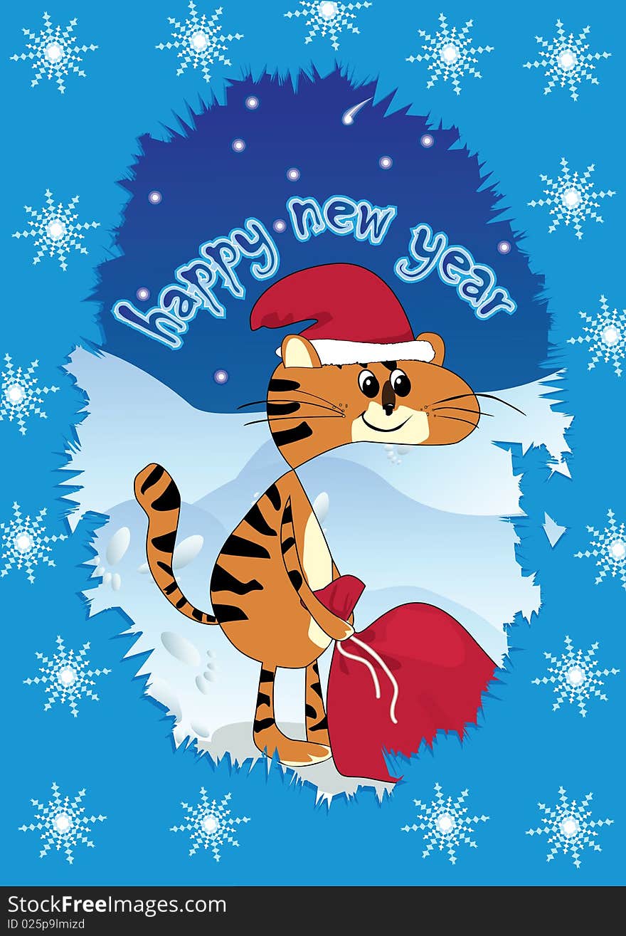 The tiger dressed in a cap of Santa Claus drags a bag with gifts. The tiger dressed in a cap of Santa Claus drags a bag with gifts