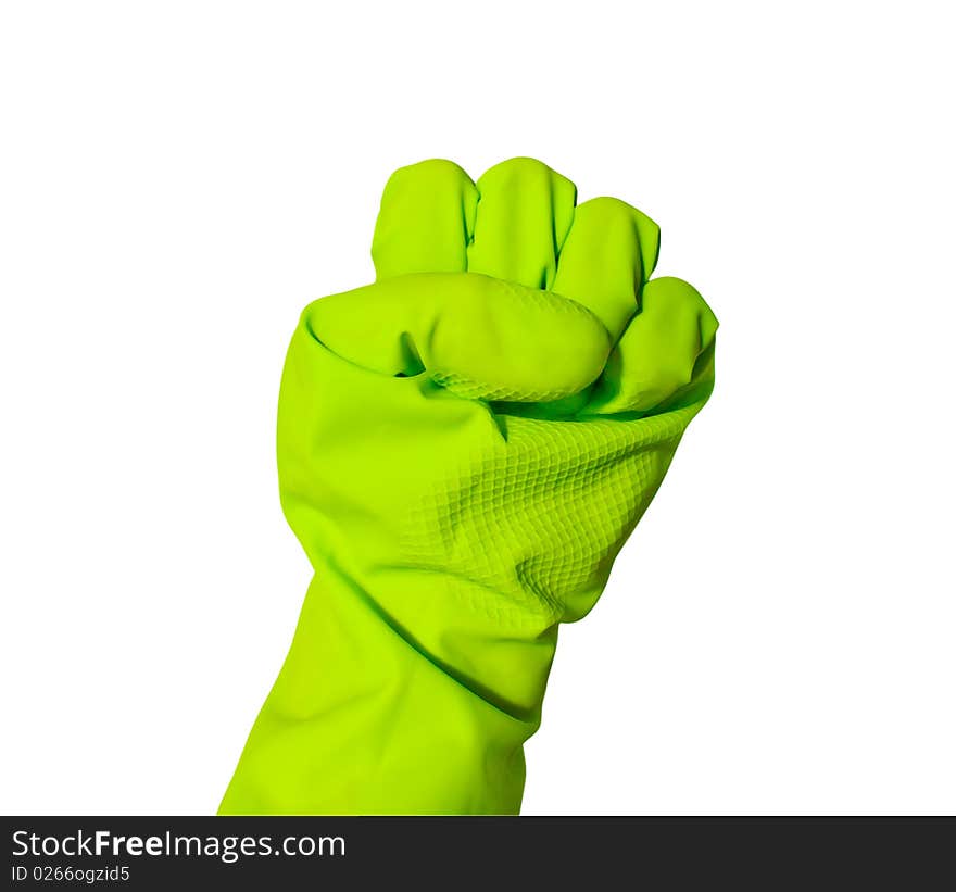 Fist with hand in green vinyl glove. Isolated on white with clipping path. Fist with hand in green vinyl glove. Isolated on white with clipping path