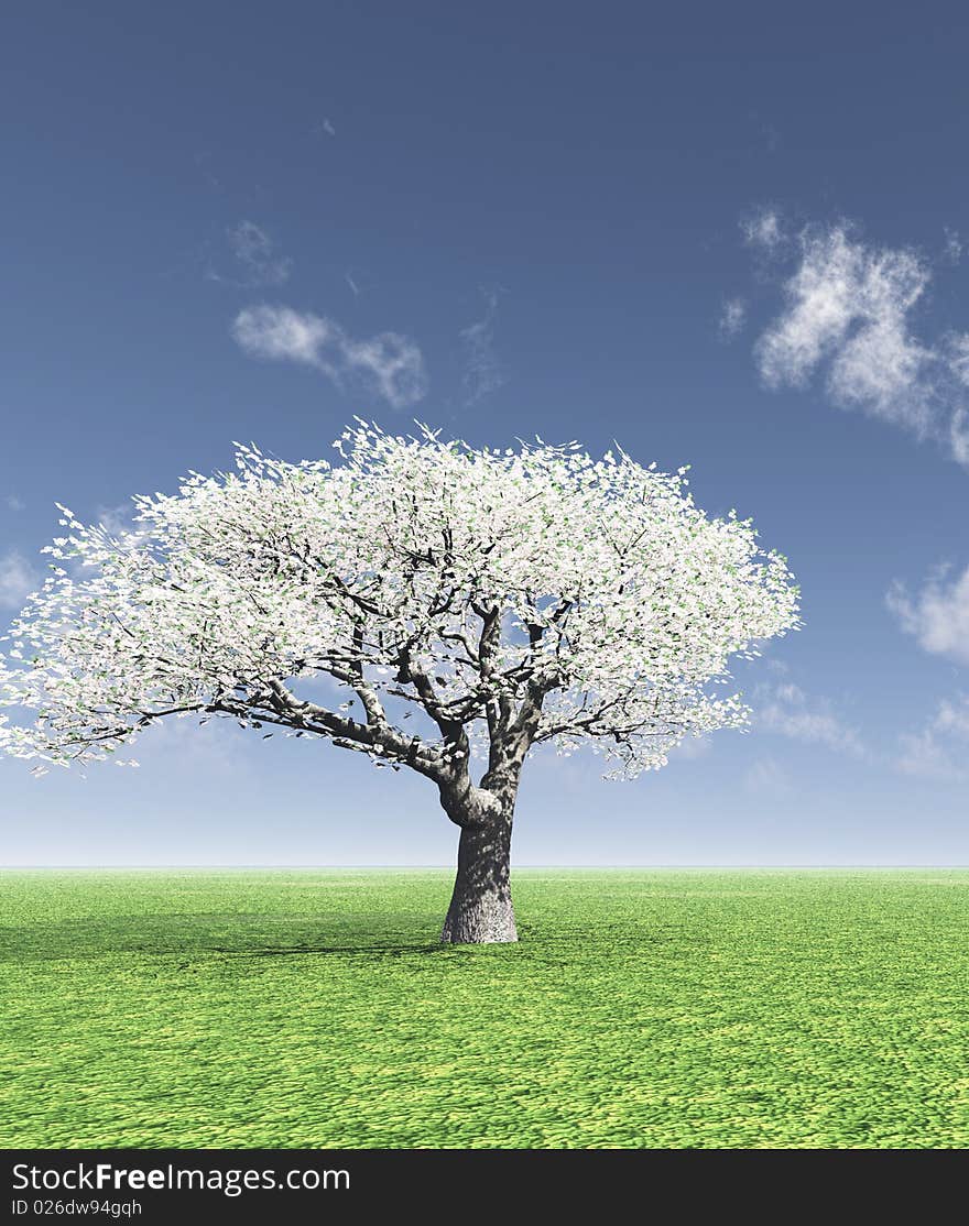 Spring landscape with blossoming tree